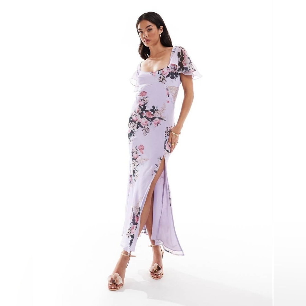 Asos Purple Floral Flutter Sleeve Lace Insert Leg Slit Midi Dress Size 12